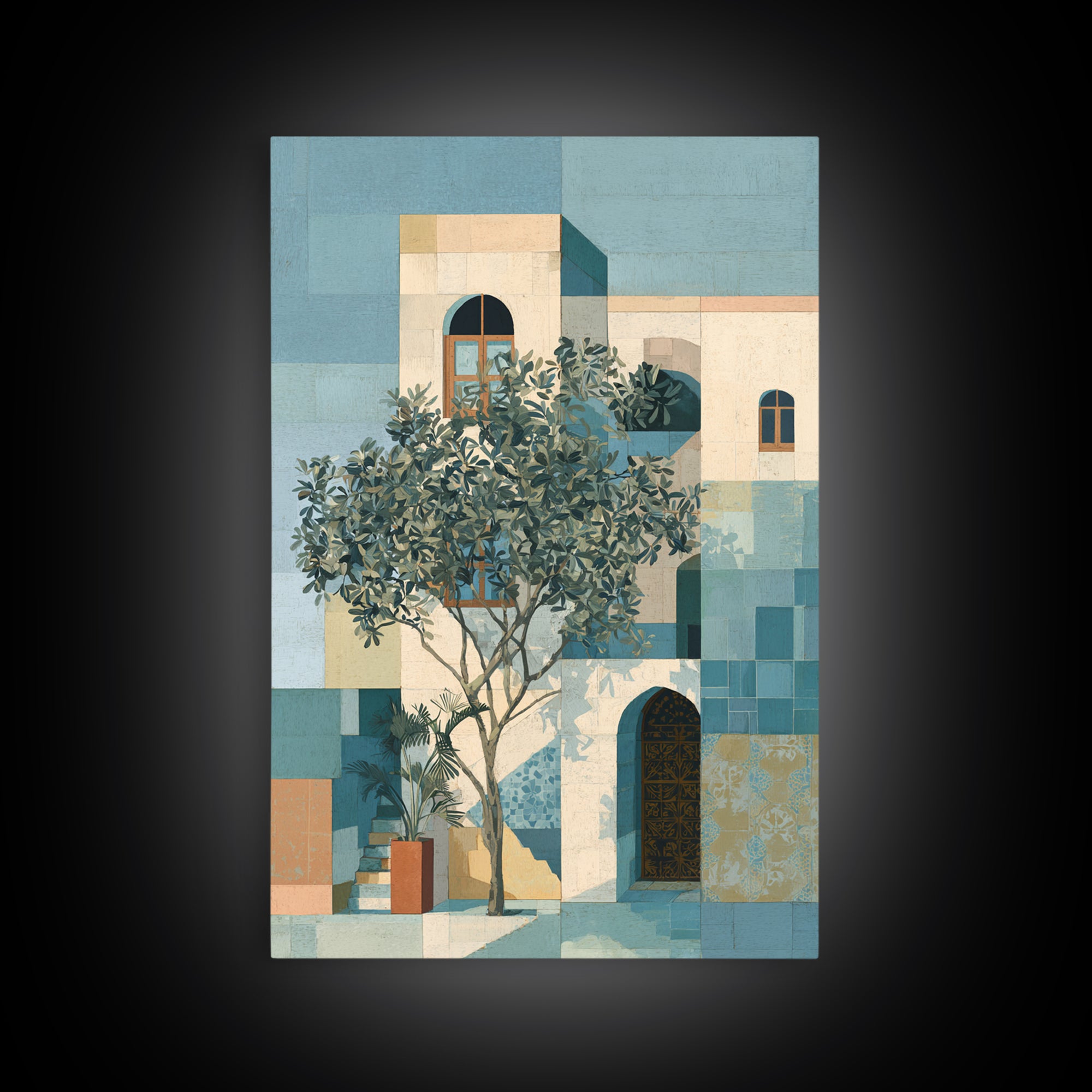 Olive Grove under Pale Morning Light Framed Canvas Print, Mediterranean Art, Digital Wall Art, Living Room Decor, Azure, MAR-2x3-73