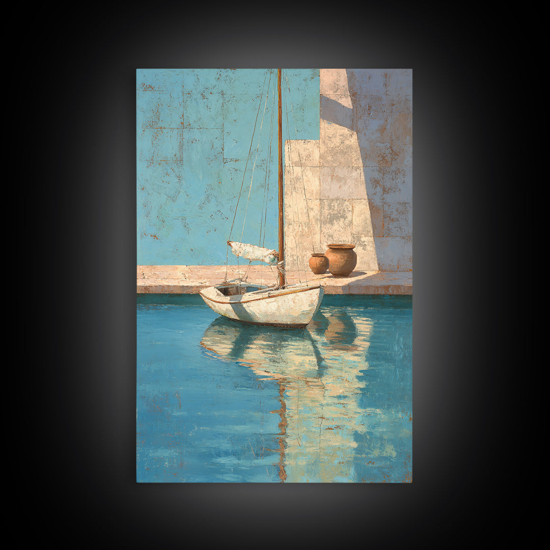 Mediterranean Sailboat on Glassy Water Canvas Print, Mediterranean Art, Living Room Decor, Azure, Digital Art Prints, MAR-2x3-74