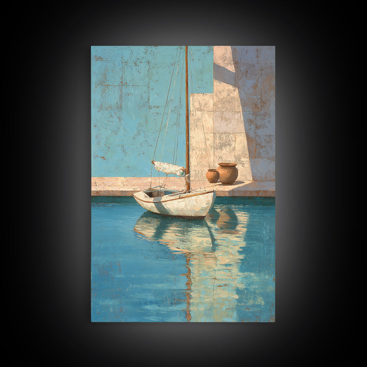 Mediterranean Sailboat on Glassy Water Canvas Print, Mediterranean Art, Living Room Decor, Azure, Digital Art Prints, MAR-2x3-74