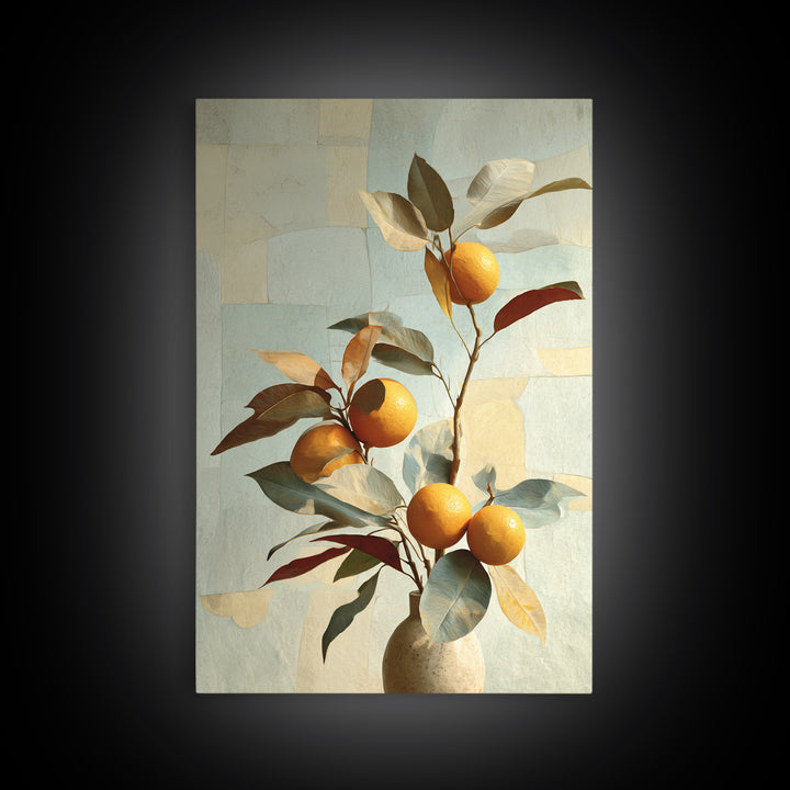 Ceramic Bowl of Oranges and Leaves Canvas Print, Mediterranean Art, Large Wall Art, Living Room Decor, Fine Art, Azure, MAR-2x3-77