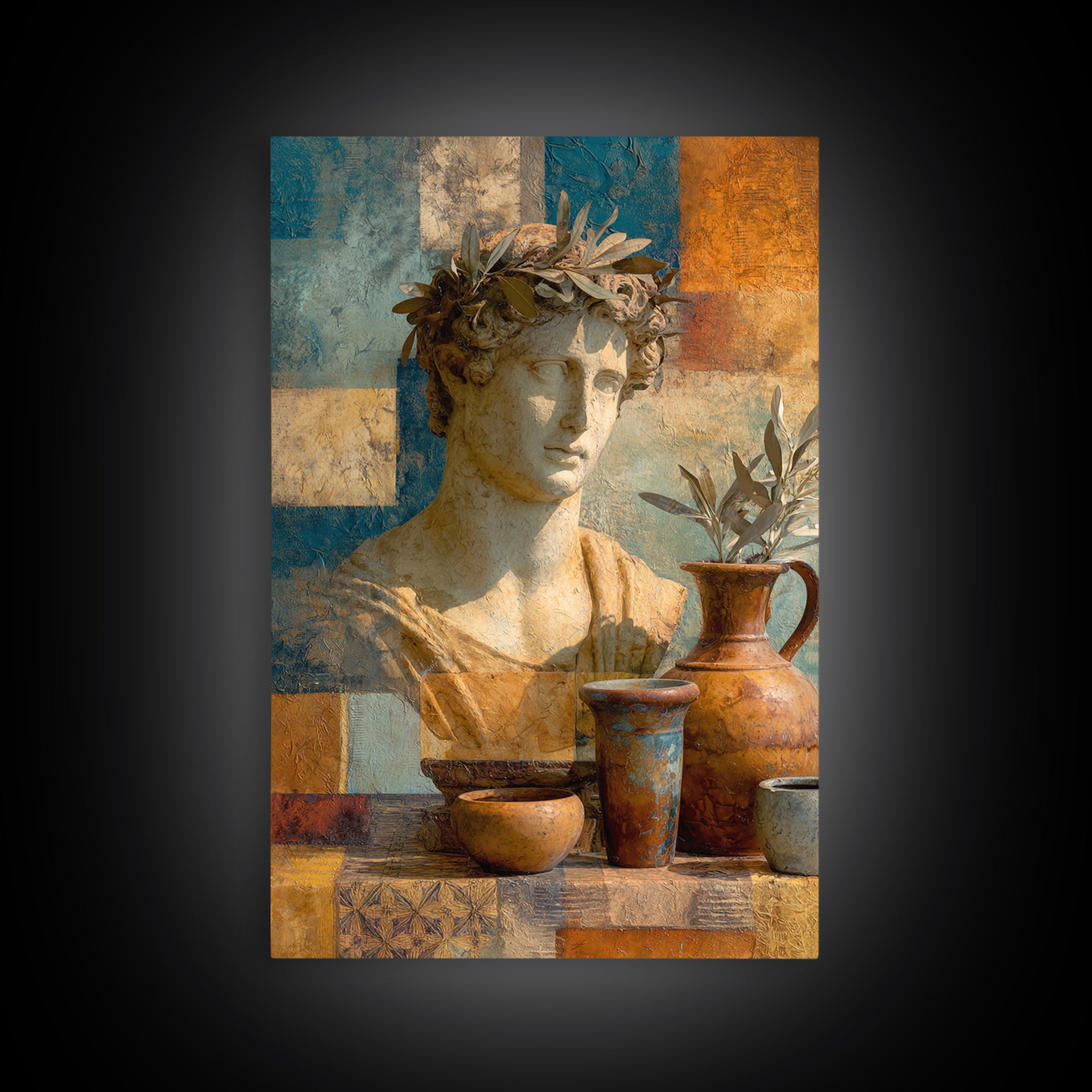 Roman Statue Bust Framed Canvas Print, Mediterranean Art, Minimalist Decor, Living Room Decor, Azure, Horizontal Wall Art, MAR-2x3-78