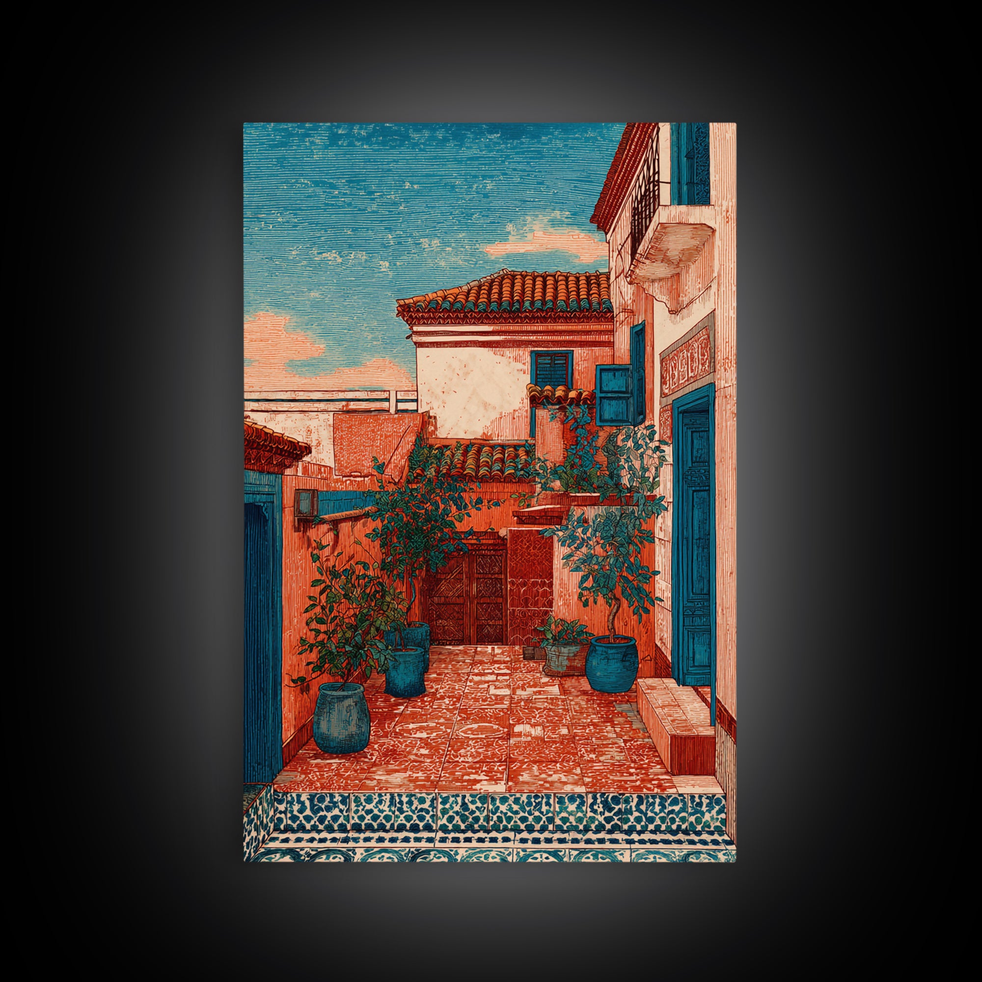 Sunset over Red Tiled Rooftops Canvas Print, Mediterranean Art, Statement Artwork, Living Room Decor, Fine Art, Azure, MAR-2x3-79