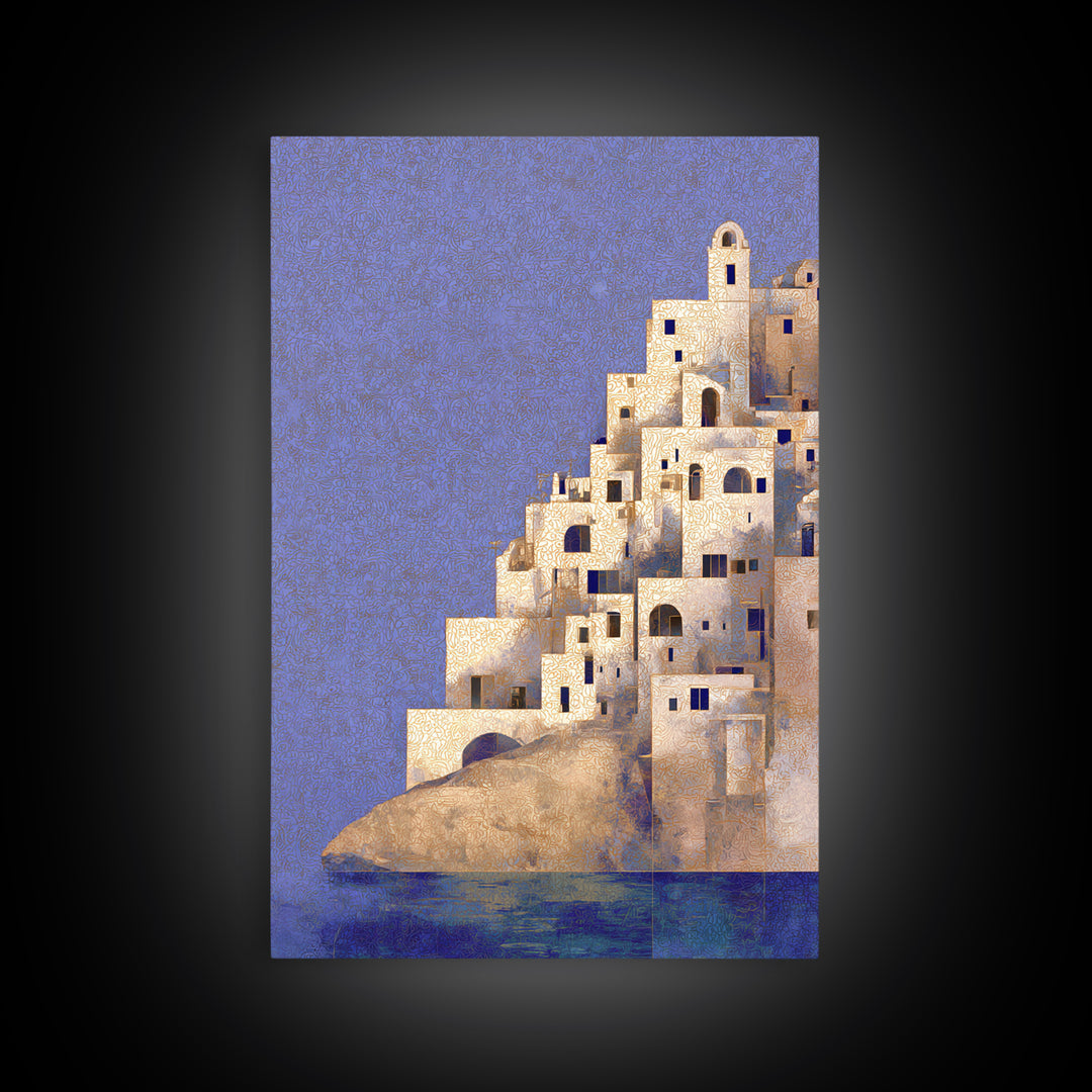 Greek Island White Buildings Above Blue Sea Canvas Print, Mediterranean Art, Framed Wall Art, Living Room Decor, Oil Painting, MAR-2x3-81