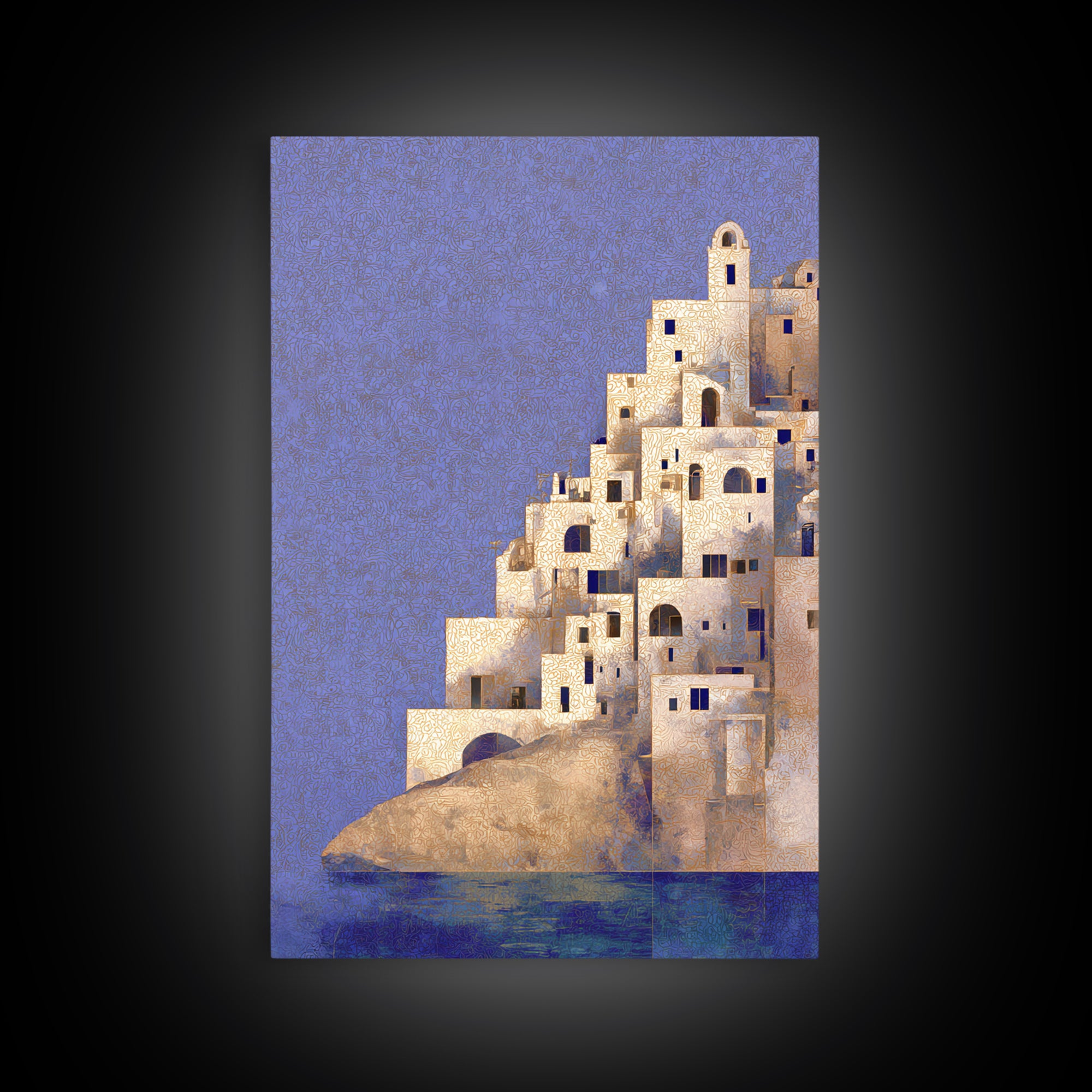 Greek Island White Buildings Above Blue Sea Canvas Print, Mediterranean Art, Framed Wall Art, Living Room Decor, Oil Painting, MAR-2x3-81