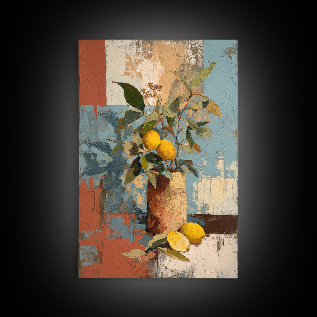 Olive Branch and Lemons on Terracotta Ground Canvas Print, Mediterranean Art, Contemporary Art, Living Room Decor, Azure, MAR-2x3-82