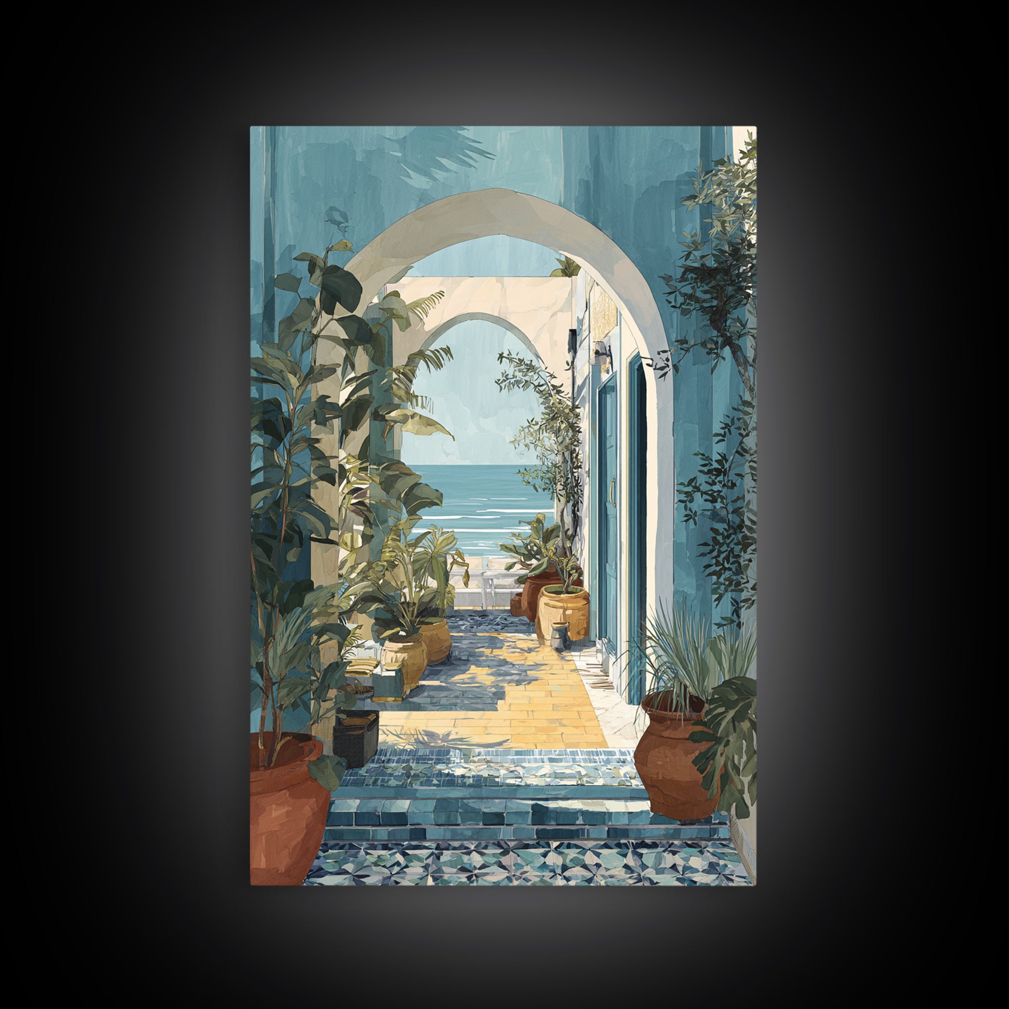 Mediterranean Arch Framing Ocean Horizon Framed Canvas Print, Mediterranean Art, Oil Painting, Living Room Decor, Azure, MAR-2x3-83