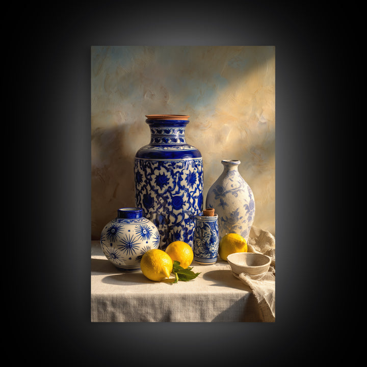 Blue and White Tile Pattern Framed Canvas Print, Mediterranean Art, Modern Wall Art, Living Room Decor, Fine Art, Azure, MAR-2x3-84