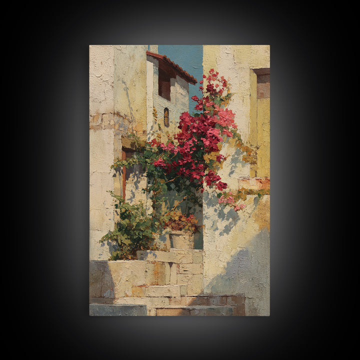 Bougainvillea Cascading over Stone Wall Framed Canvas Print, Mediterranean Art, Digital Print, Living Room Decor, Azure, MAR-2x3-85