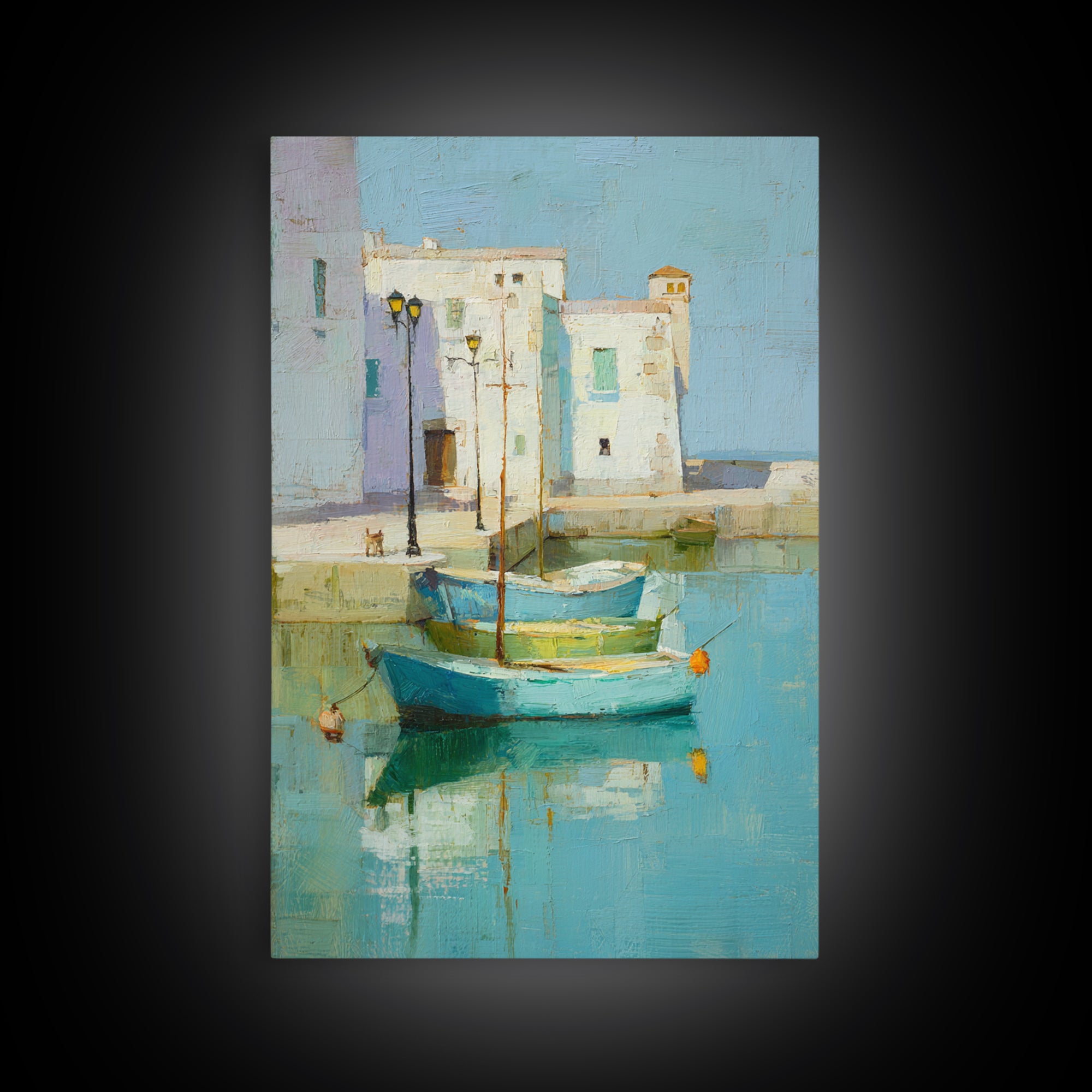 Coastal Fishing Boats Framed Canvas Print, Mediterranean Art, Digital Wall Art, Living Room Decor, Azure, Coastal Wall Art, MAR-2x3-87