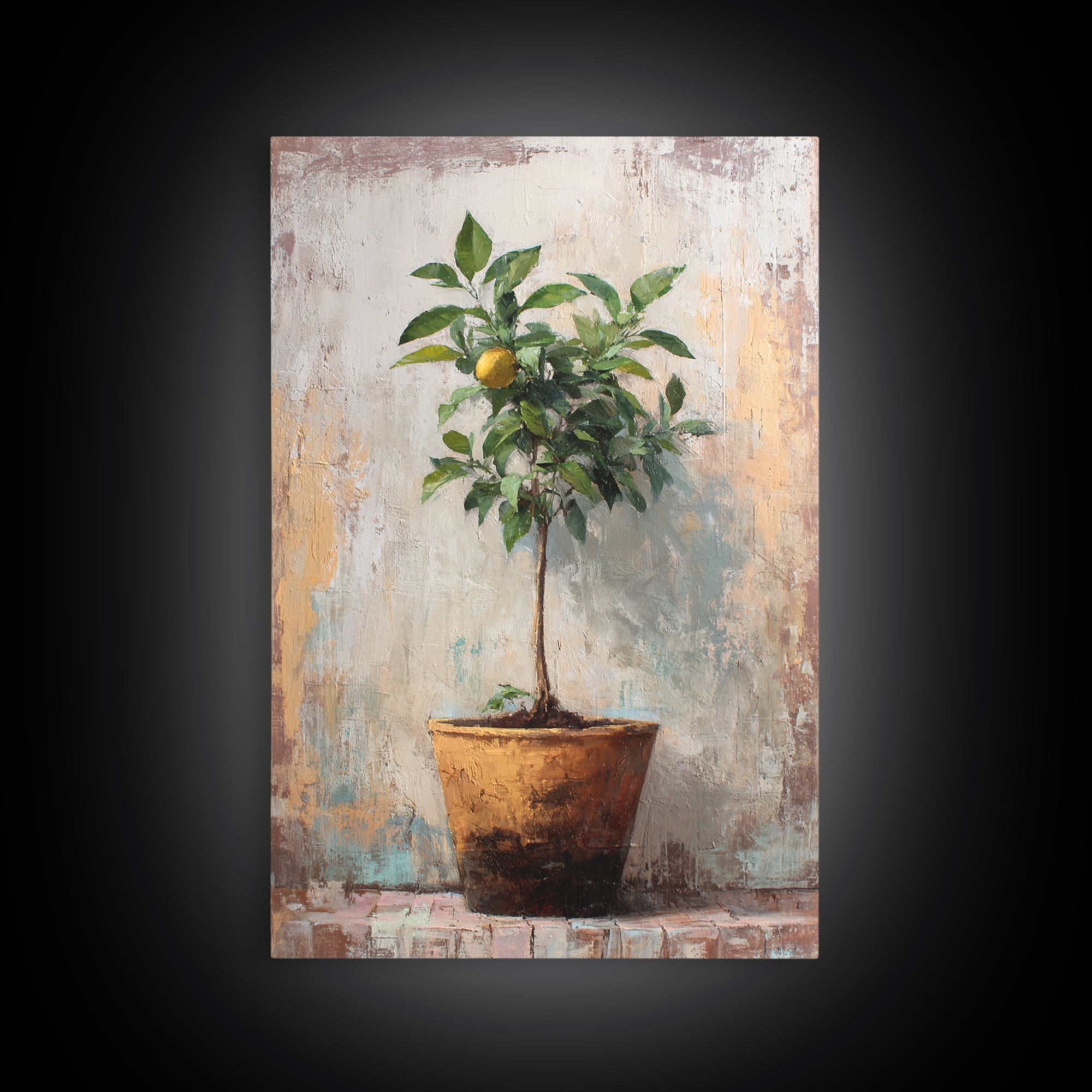 Citrus Tree in Clay Pot Framed Canvas Print, Mediterranean Art, Printable Wall Art, Living Room Decor, Fine Art, Azure, MAR-2x3-90