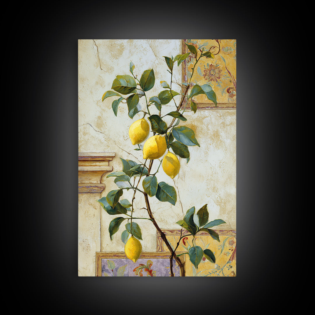 Sicilian Lemon Branch on Ivory Background Framed Canvas Print, Mediterranean Art, Oil Painting, Living Room Decor, MAR-2x3-93