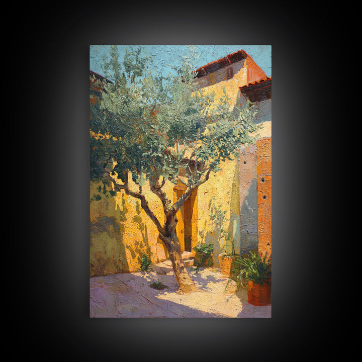 Olive Grove under Pale Morning Light Framed Canvas Print, Mediterranean Art, Digital Wall Art, Living Room Decor, Azure, MAR-2x3-97