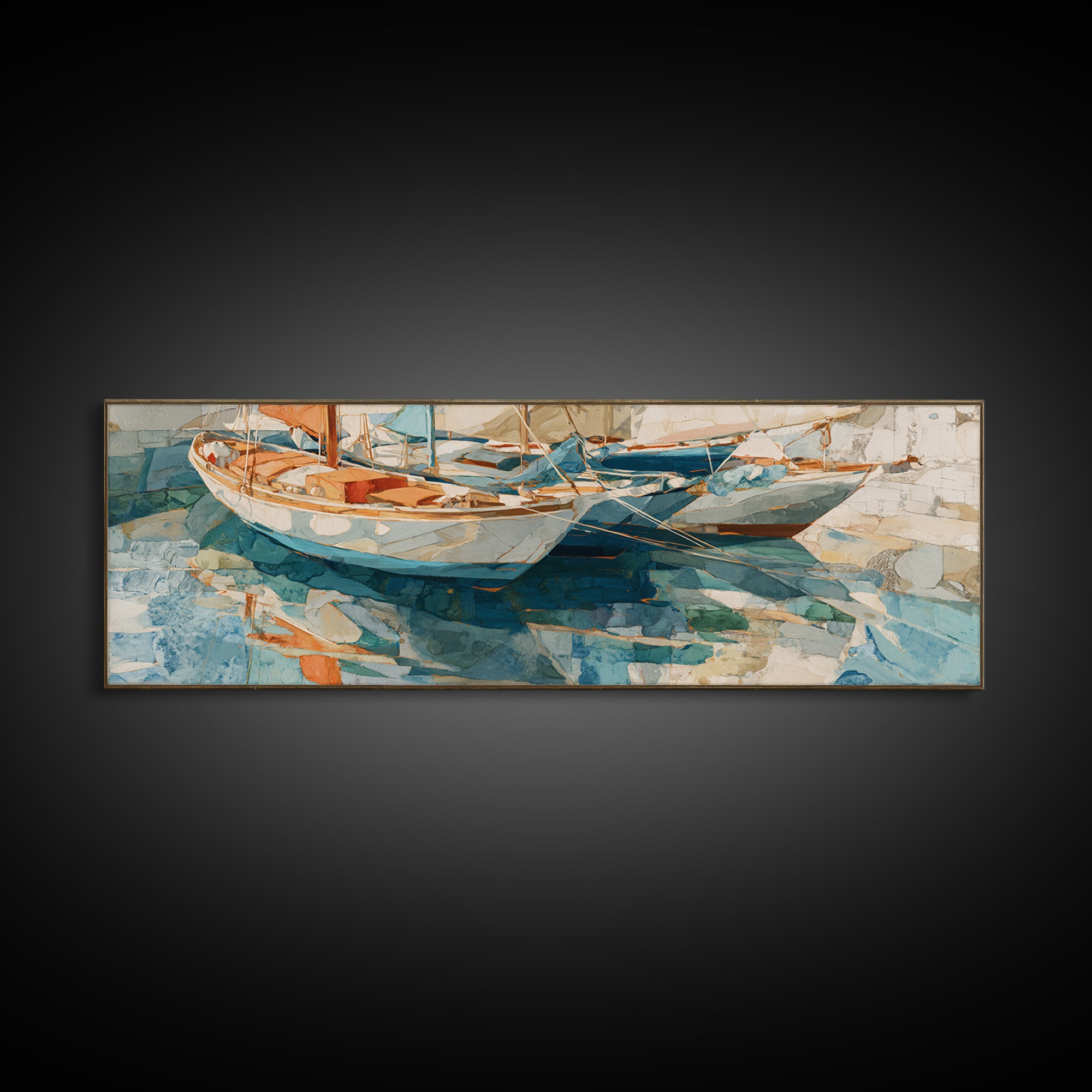 Mediterranean Sailboat on Glassy Water Framed Canvas Print, Mediterranean Art, Textured Painting, Living Room Decor, Azure, MAR-3x1-10