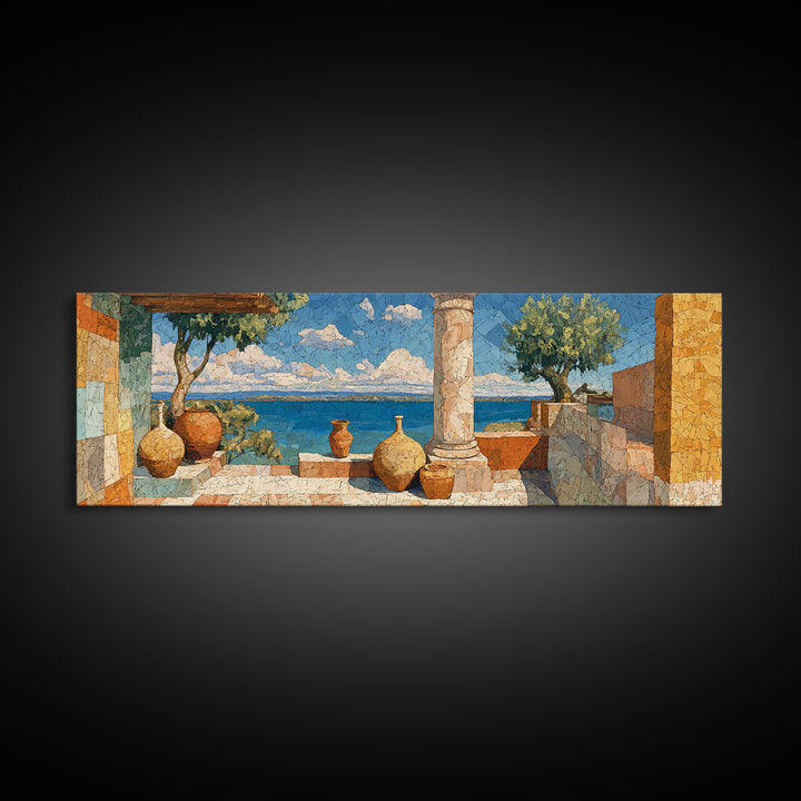 Ancient Column with Sea and Sky Beyond Canvas Print, Mediterranean Art, Landscape Wall Art, Living Room Decor, Abstract Art, MAR-3x1-100