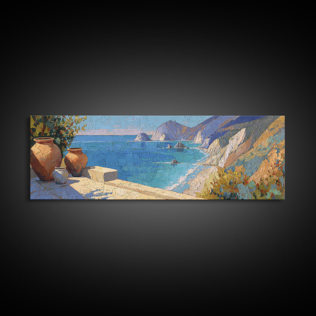 Coastal Cliffs with Sparkling Blue Water Framed Canvas Print, Mediterranean Art, Coastal Art, Living Room Decor, Azure, MAR-3x1-12