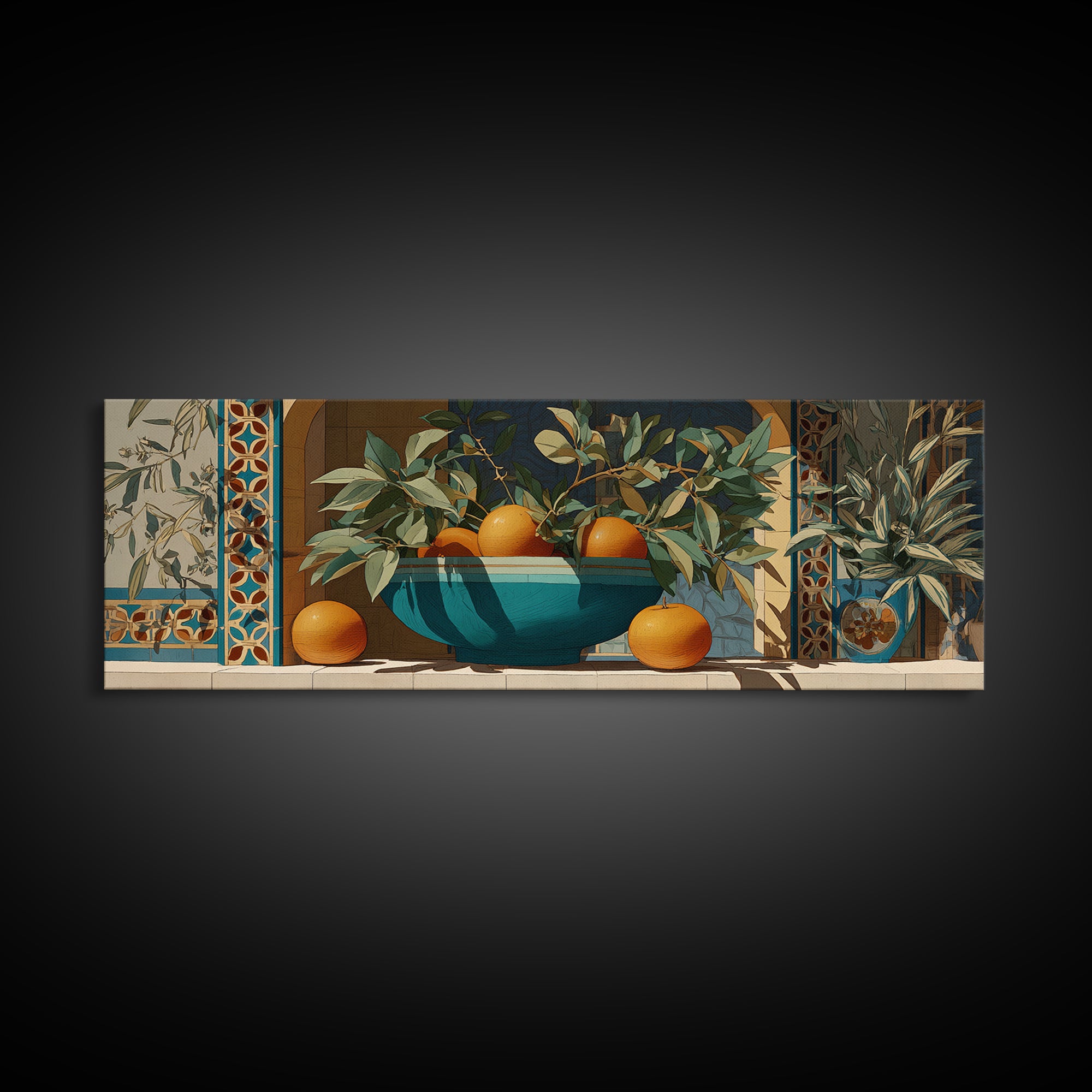 Ceramic Bowl of Oranges and Leaves Canvas Print, Mediterranean Art, Digital Wall Art, Living Room Decor, Fine Art, Azure, MAR-3x1-13