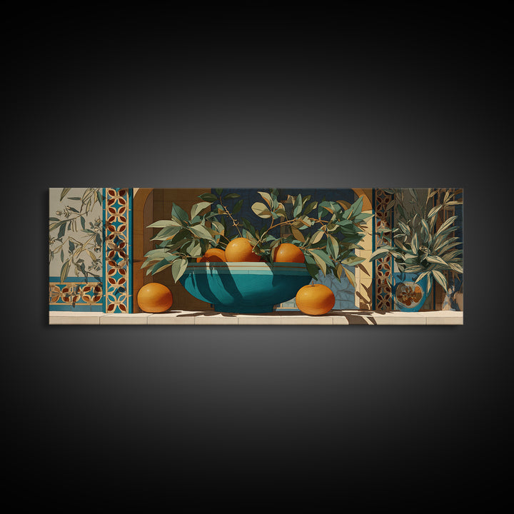 Ceramic Bowl of Oranges and Leaves Canvas Print, Mediterranean Art, Digital Wall Art, Living Room Decor, Fine Art, Azure, MAR-3x1-13