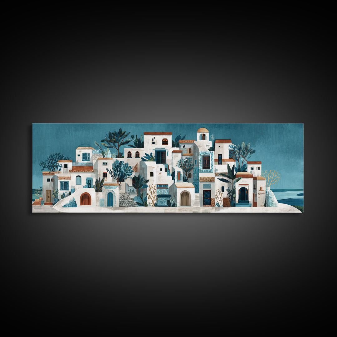 Greek Island White Buildings Above Blue Sea Canvas Print, Mediterranean Art, Horizontal Wall Art, Living Room Decor, Azure, MAR-3x1-17