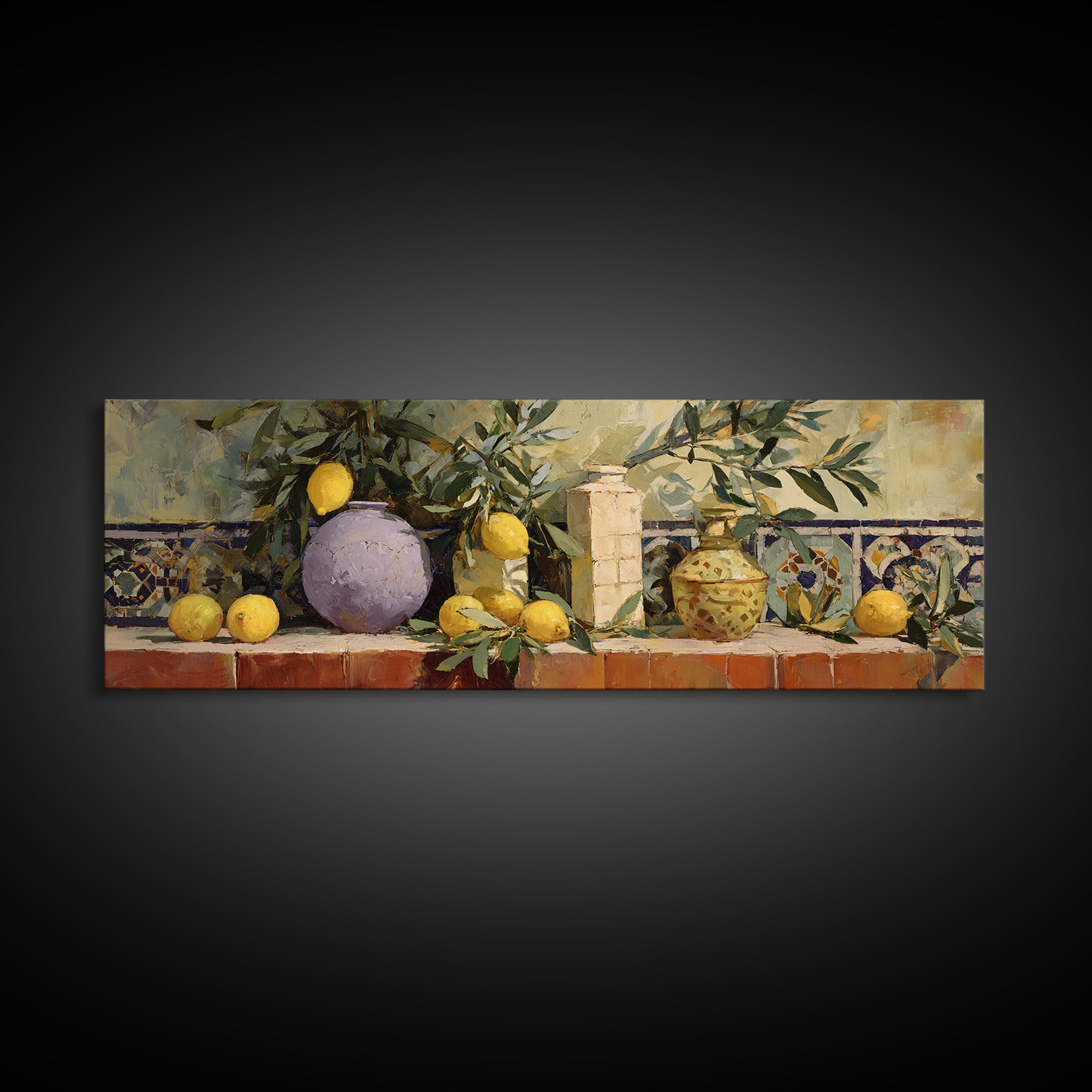 Olive Branch and Lemons on Terracotta Ground Canvas Print, Mediterranean Art, Digital Wall Art, Living Room Decor, Azure, MAR-3x1-18