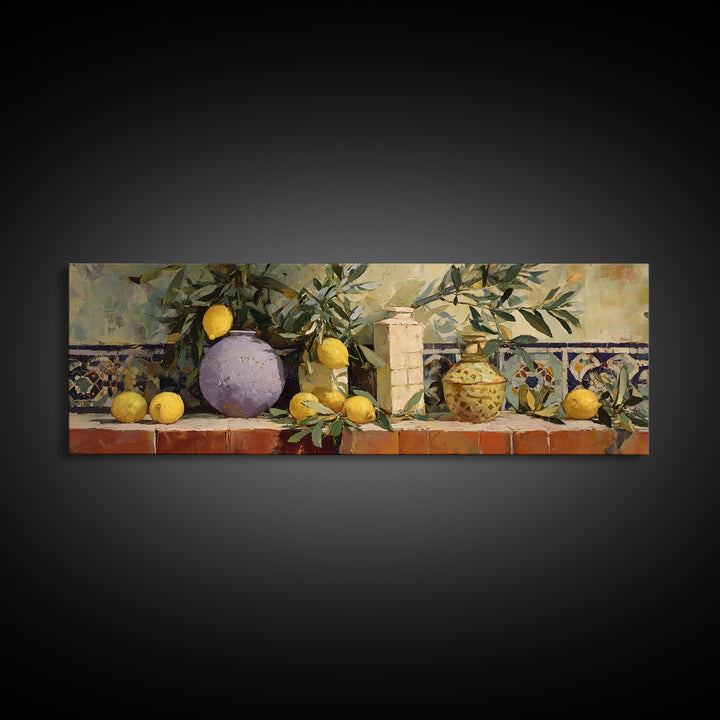 Olive Branch and Lemons on Terracotta Ground Canvas Print, Mediterranean Art, Digital Wall Art, Living Room Decor, Azure, MAR-3x1-18