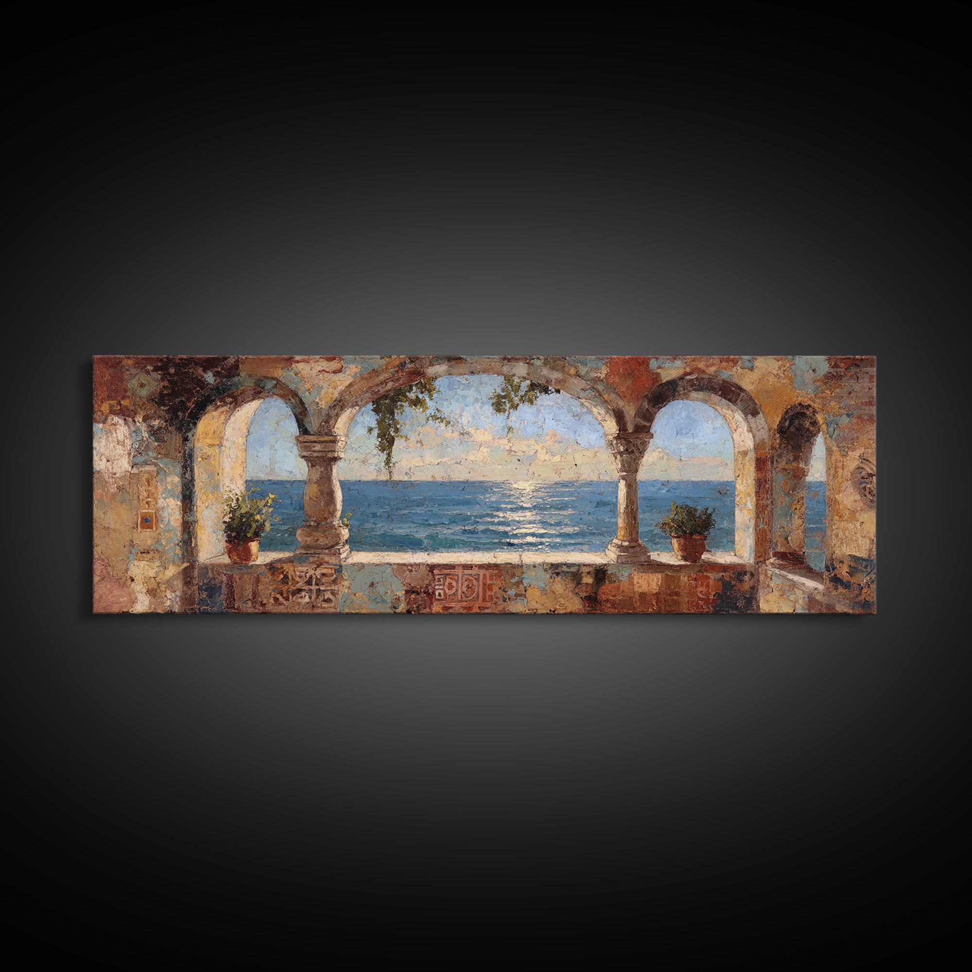 Mediterranean Arch Framing Ocean Horizon Canvas Print, Mediterranean Art, Wall Decor, Living Room Decor, Fine Art, Azure, MAR-3x1-19