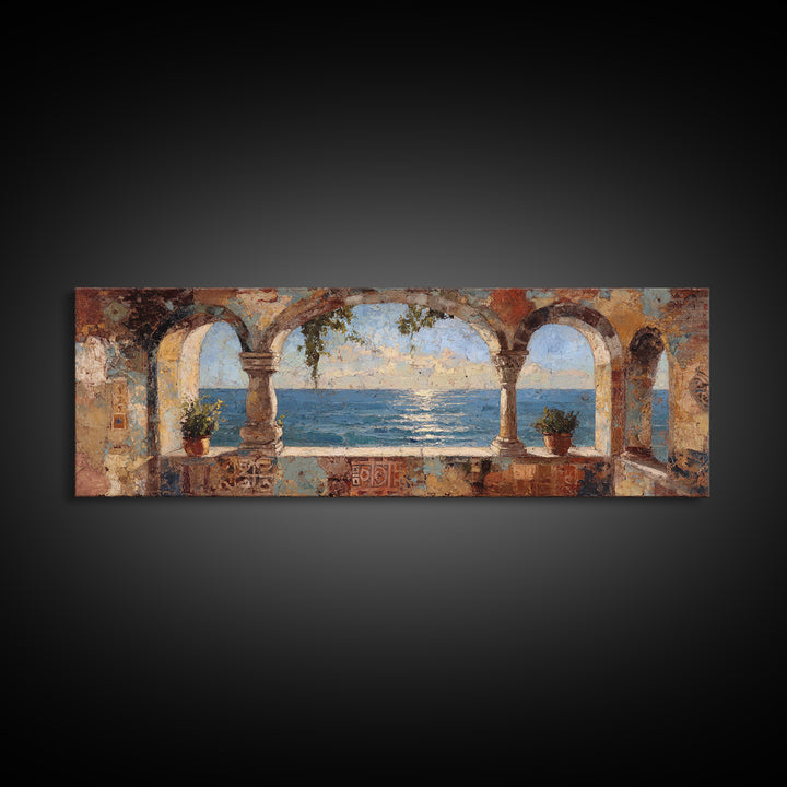 Mediterranean Arch Framing Ocean Horizon Canvas Print, Mediterranean Art, Wall Decor, Living Room Decor, Fine Art, Azure, MAR-3x1-19