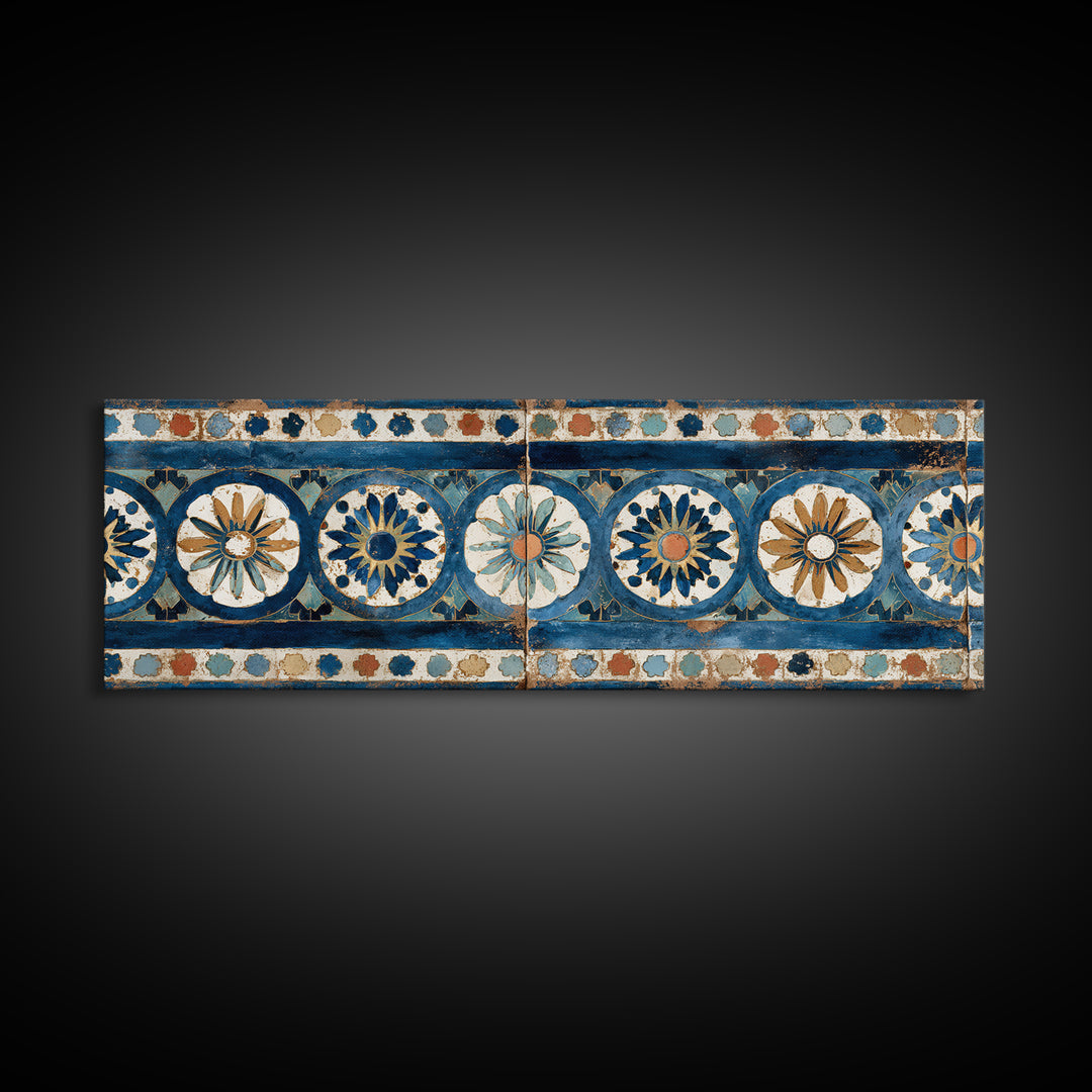 Blue and White Tile Pattern Canvas Print, Mediterranean Art, Landscape Wall Art, Living Room Decor, Azure, Luxury Decor, MAR-3x1-20