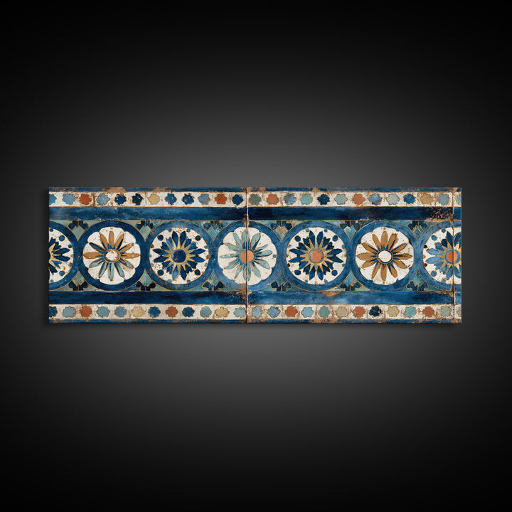 Blue and White Tile Pattern Canvas Print, Mediterranean Art, Landscape Wall Art, Living Room Decor, Azure, Luxury Decor, MAR-3x1-20