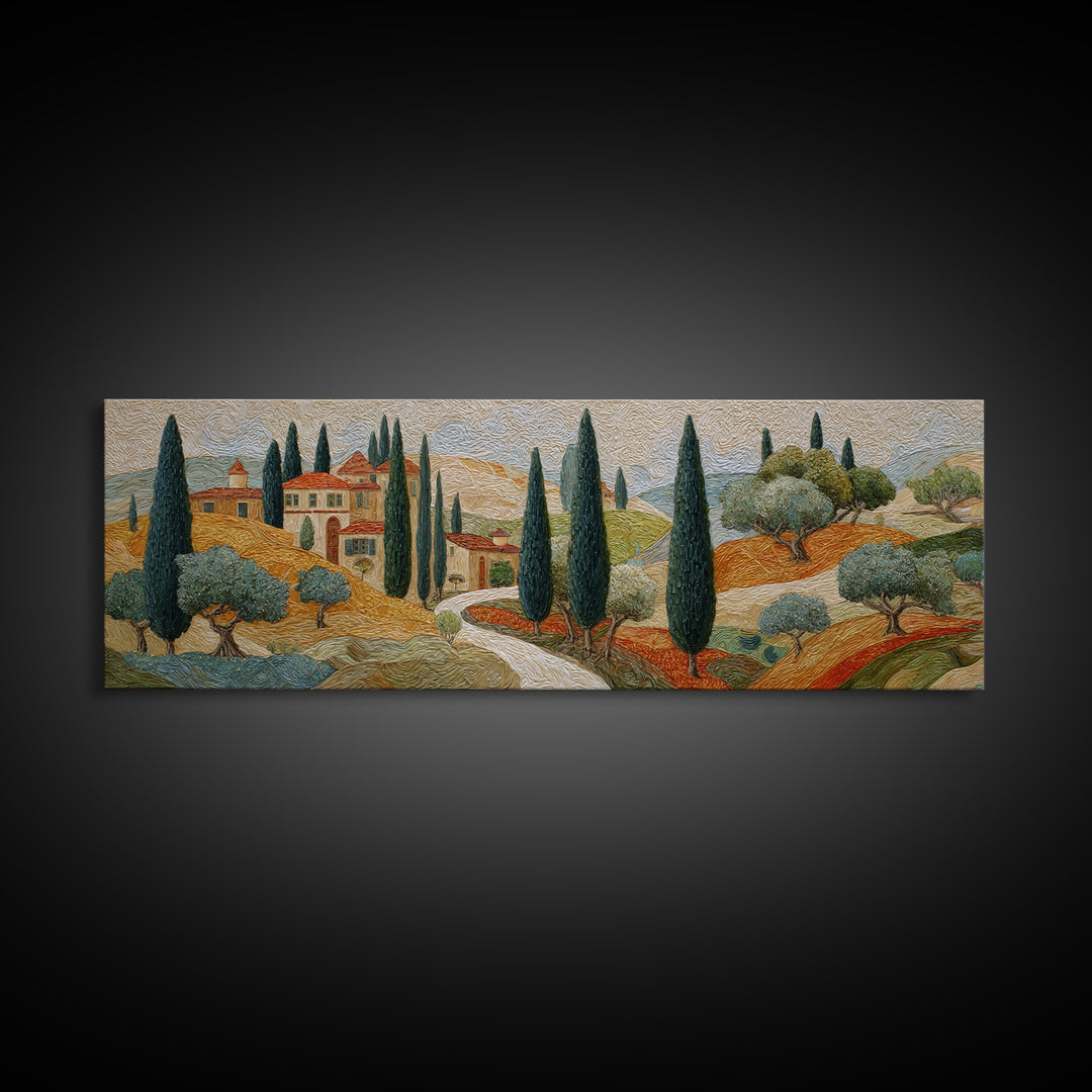 Tuscan Cypress Trees and Golden Hillside Canvas Print, Mediterranean Art, Neutral Decor, Living Room Decor, Abstract Art, Azure, MAR-3x1-22