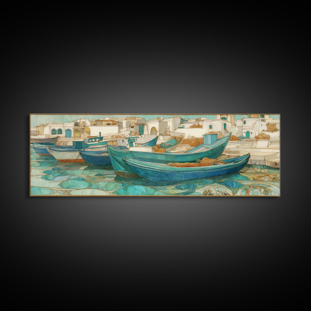 Coastal Fishing Boats Framed Canvas Print, Mediterranean Art, Neutral Decor, Living Room Decor, Fine Art, Azure, Home Decor, MAR-3x1-23