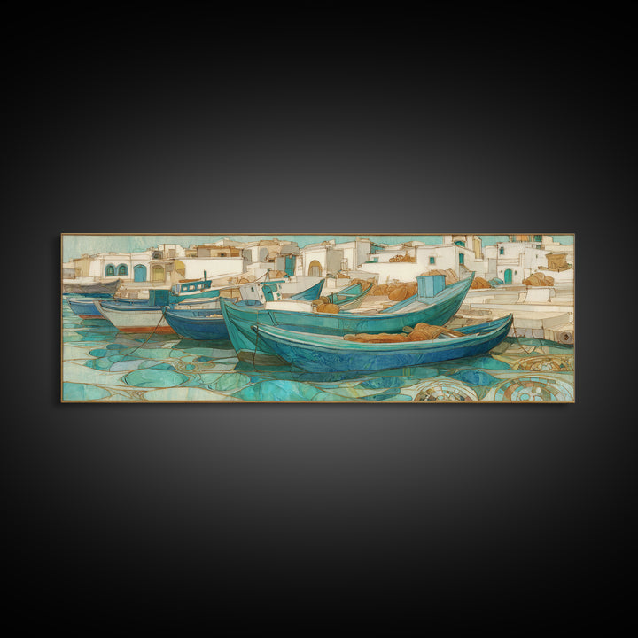 Coastal Fishing Boats Framed Canvas Print, Mediterranean Art, Neutral Decor, Living Room Decor, Fine Art, Azure, Home Decor, MAR-3x1-23