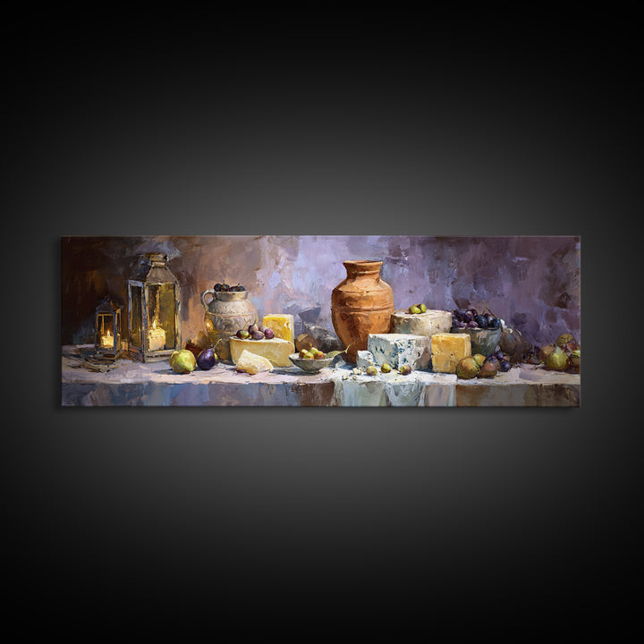 Figs Olives and Cheese Still Life Canvas Print, Mediterranean Art, Downloadable Art, Living Room Decor, Fine Art, Azure, MAR-3x1-24