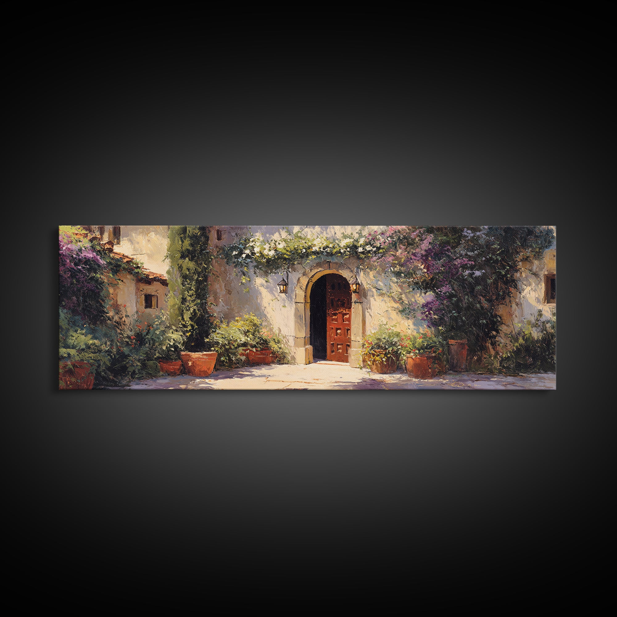 Sunlit Courtyard Doorway Framed Canvas Print, Mediterranean Art, Modern Decor, Living Room Decor, Fine Art, Azure, MAR-3x1-27