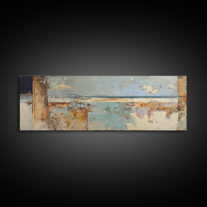 Ancient Column with Sea and Sky Beyond Framed Canvas Print, Mediterranean Art, Beach Prints, Living Room Decor, Oil Painting, MAR-3x1-28
