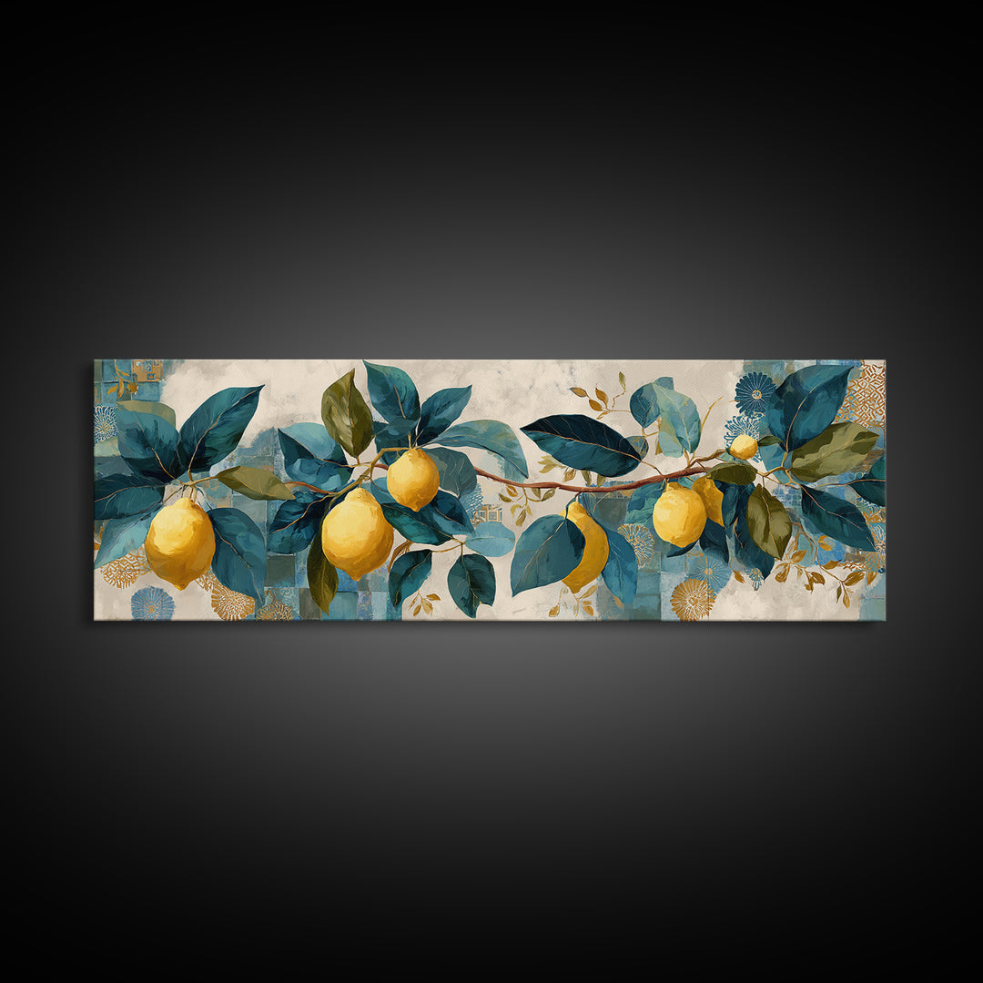 Sicilian Lemon Branch on Ivory Background Canvas Print, Mediterranean Art, Printable Art, Living Room Decor, Fine Art, Azure, MAR-3x1-29