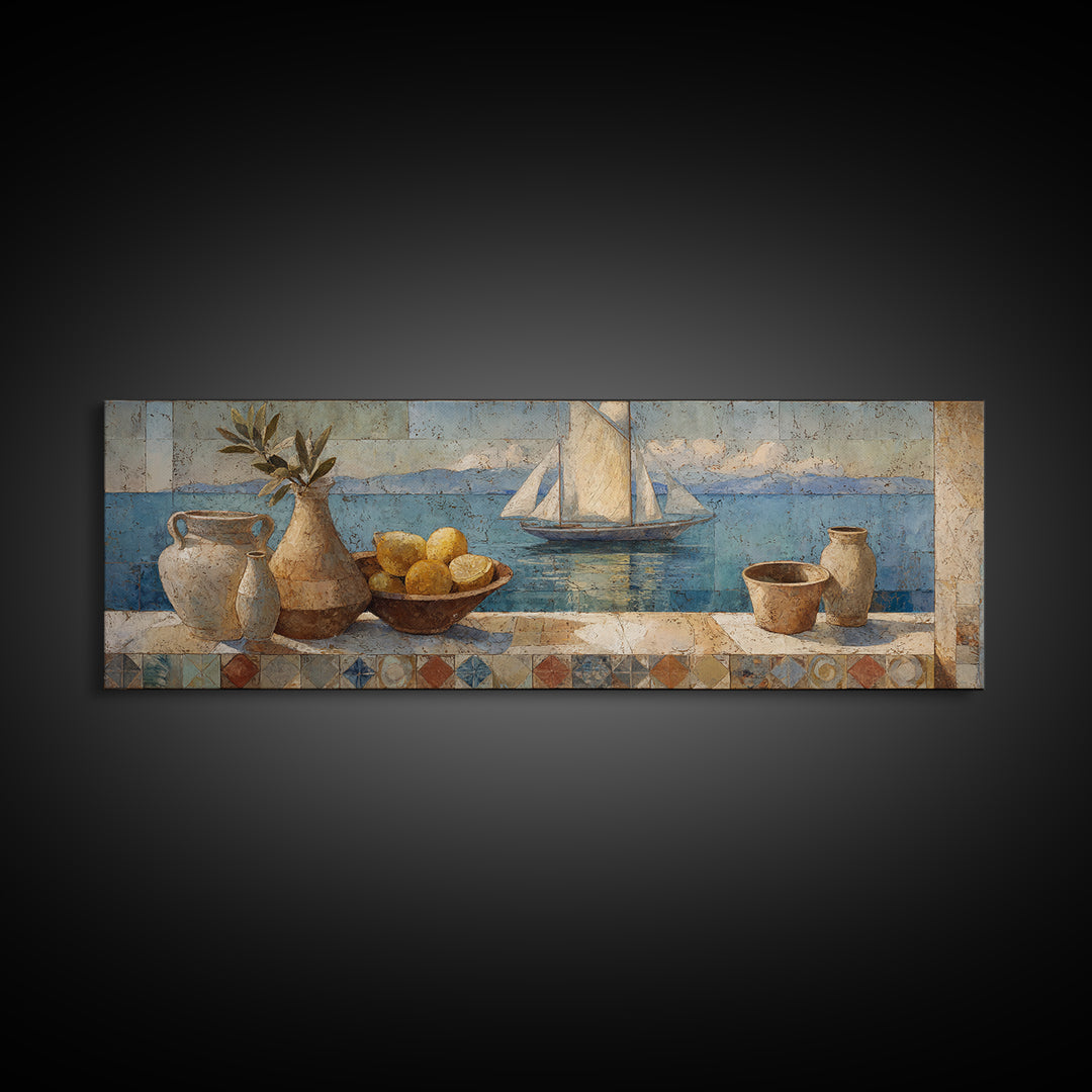 Mediterranean Sailboat on Glassy Water Canvas Print, Mediterranean Art, Living Room Decor, Abstract Art, Azure, MAR-3x1-34