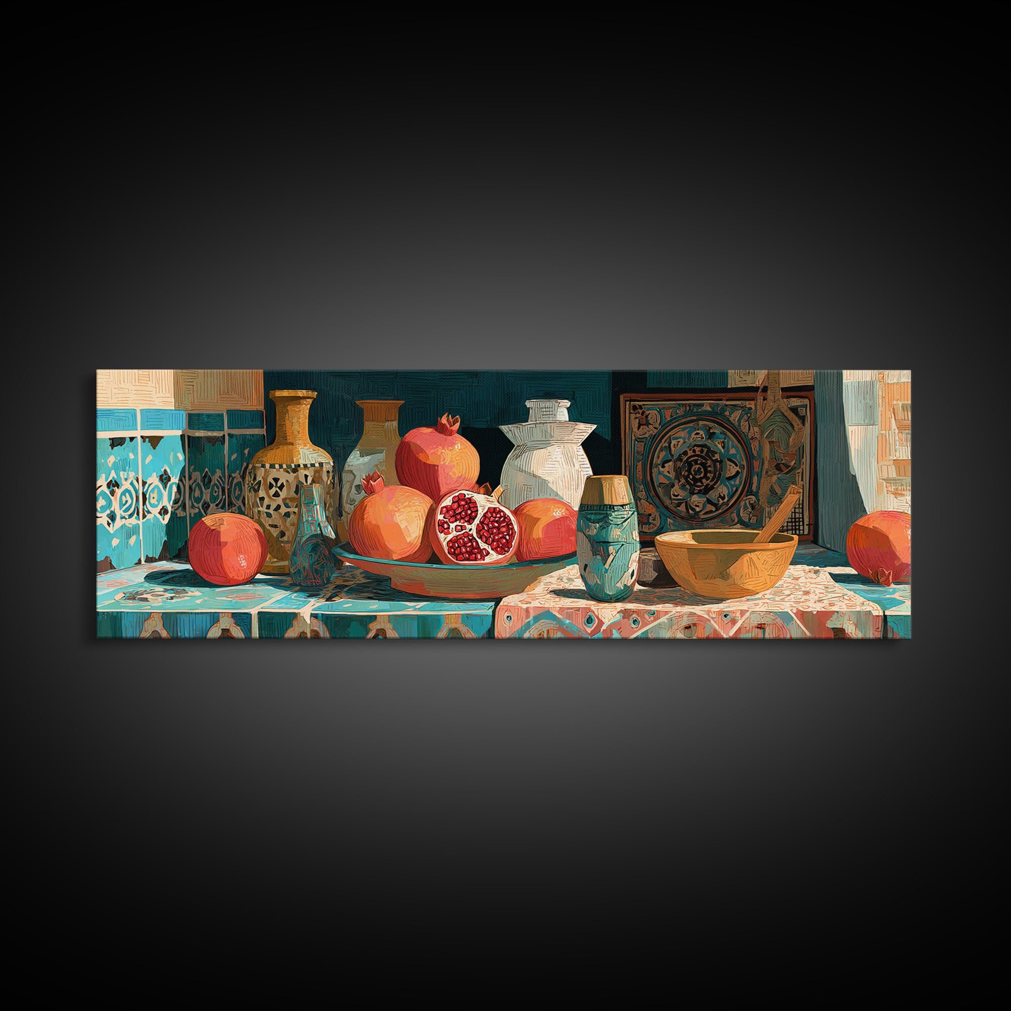 Pomegranate Still Life Canvas Print, Mediterranean Art, Statement Artwork, Living Room Decor, Fine Art, Azure, Oil Painting, MAR-3x1-35