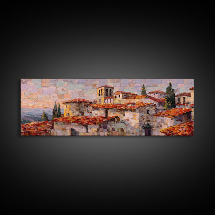 Sunset over Red Tiled Rooftops Canvas Print, Mediterranean Art, Gallery Decor, Living Room Decor, Azure, Minimalist Decor, MAR-3x1-39