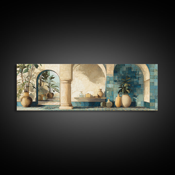 Ancient Column with Sea and Sky Beyond Canvas Print, Mediterranean Art, Beach Wall Art, Living Room Decor, Watercolor Art, MAR-3x1-4