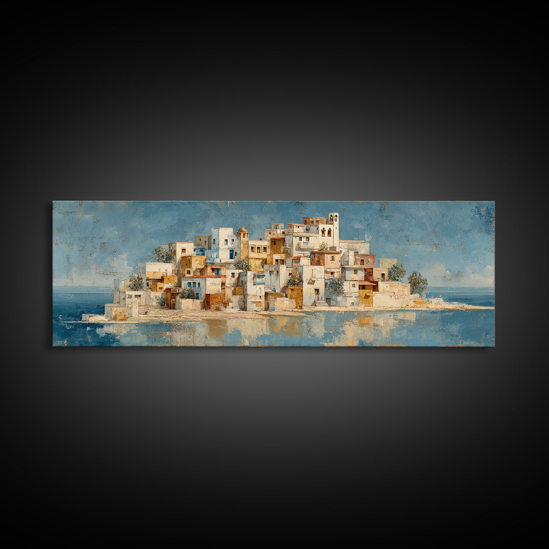 Greek Island White Buildings Above Blue Sea Canvas Print, Mediterranean Art, Coastal Wall Art, Living Room Decor, MAR-3x1-41