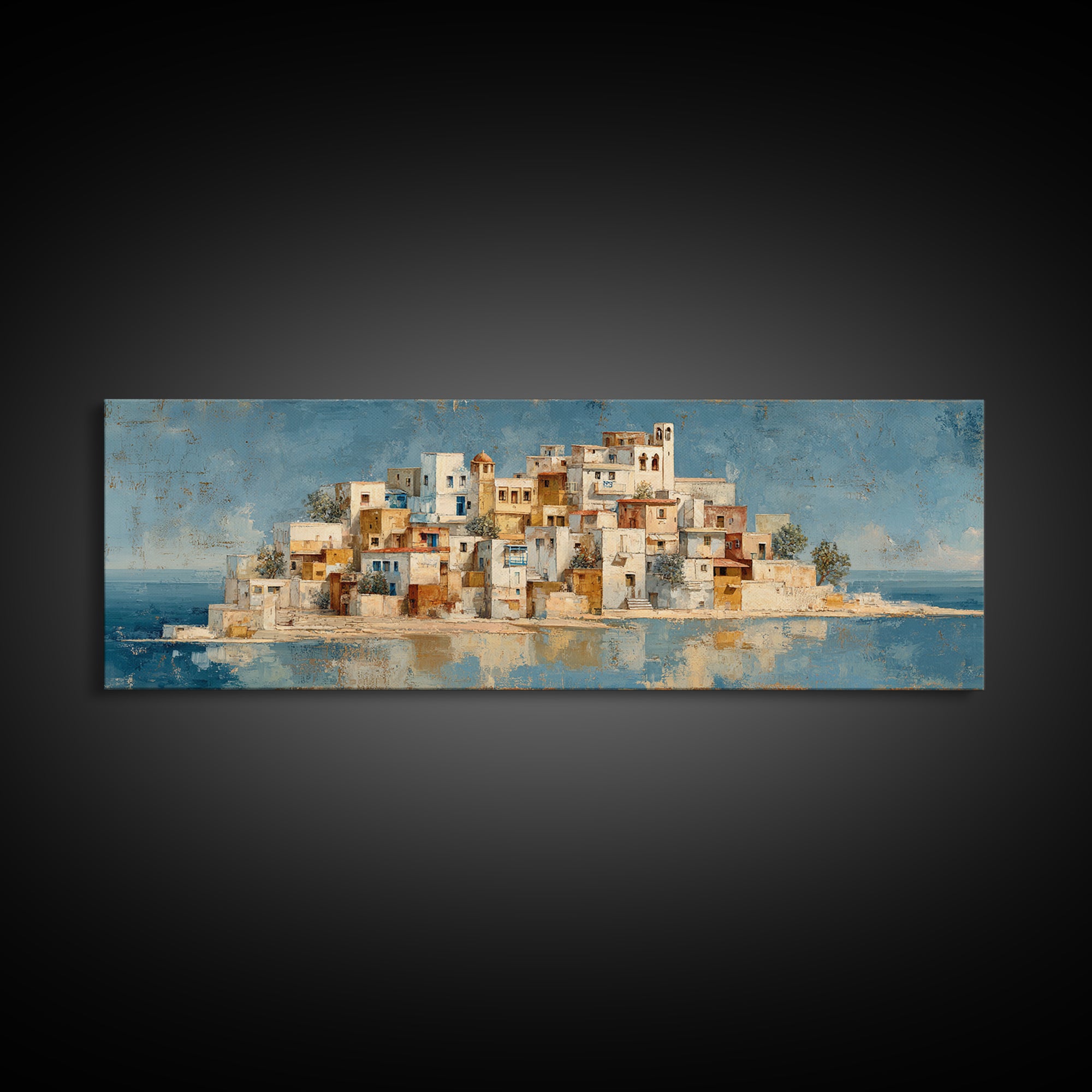 Greek Island White Buildings Above Blue Sea Canvas Print, Mediterranean Art, Coastal Wall Art, Living Room Decor, MAR-3x1-41
