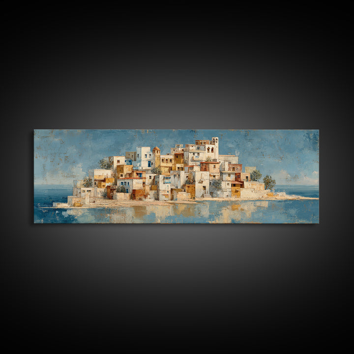 Greek Island White Buildings Above Blue Sea Canvas Print, Mediterranean Art, Coastal Wall Art, Living Room Decor, MAR-3x1-41