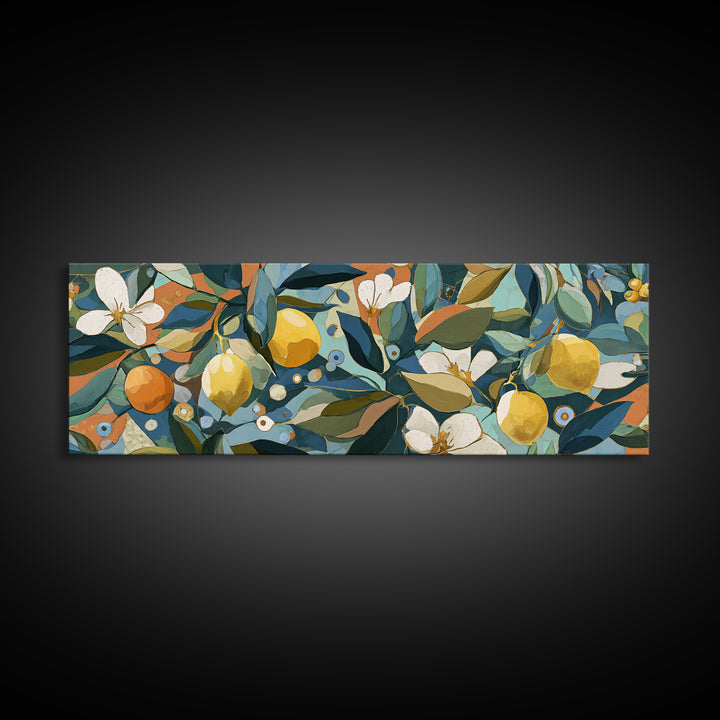 Olive Branch and Lemons on Terracotta Ground Canvas Print, Mediterranean Art, Farmhouse Decor, Living Room Decor, MAR-3x1-42