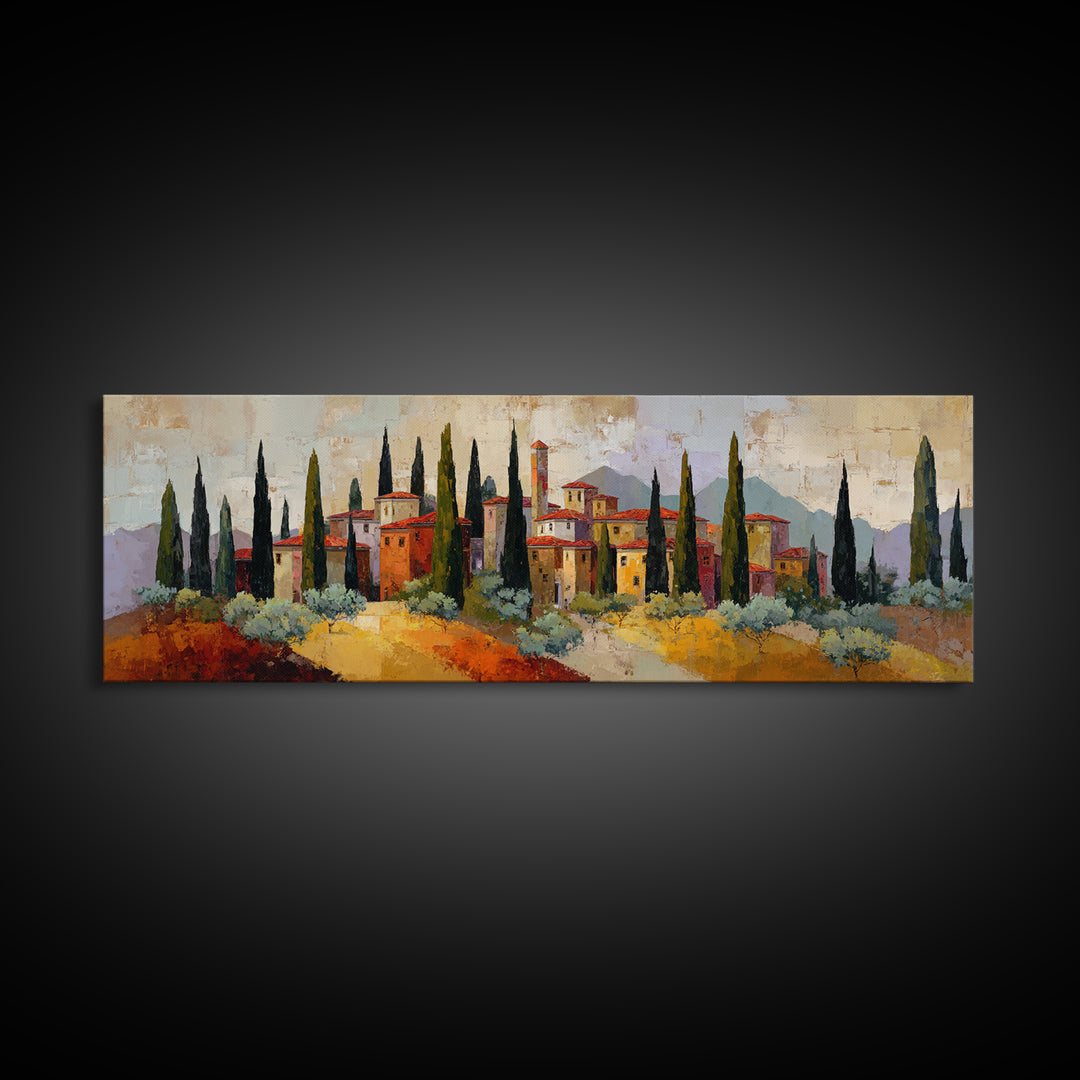 Tuscan Cypress Trees and Golden Hillside Canvas Print, Mediterranean Art, Horizontal Wall Art, Living Room Decor, Azure, MAR-3x1-46