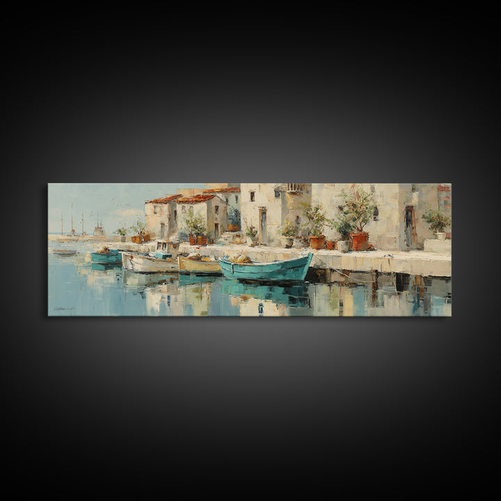 Coastal Fishing Boats Framed Canvas Print, Mediterranean Art, Contemporary Art, Living Room Decor, Oil Painting, Azure, MAR-3x1-47