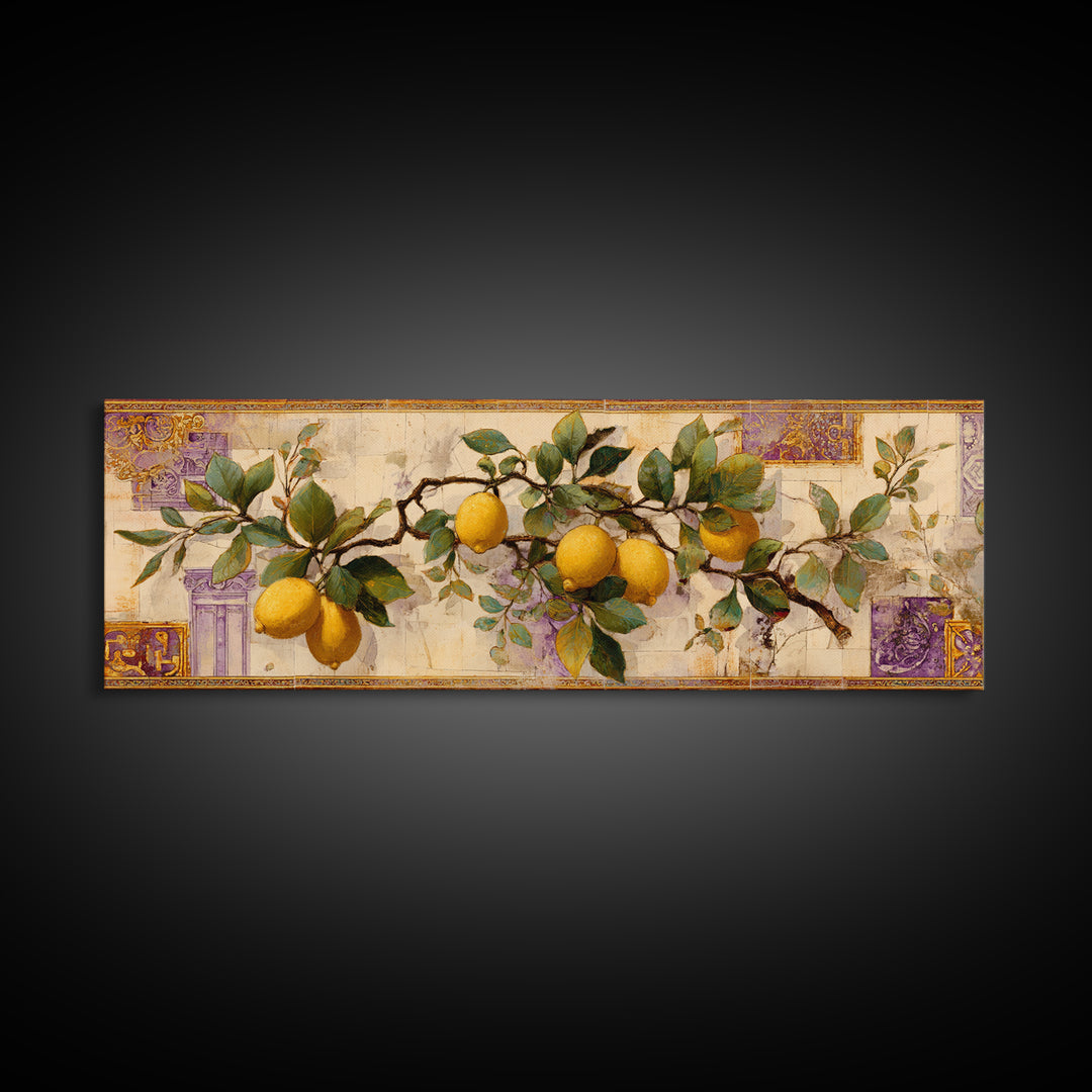Sicilian Lemon Branch on Ivory Background Framed Canvas Print, Mediterranean Art, Original Painting, Living Room Decor, Azure, MAR-3x1-5