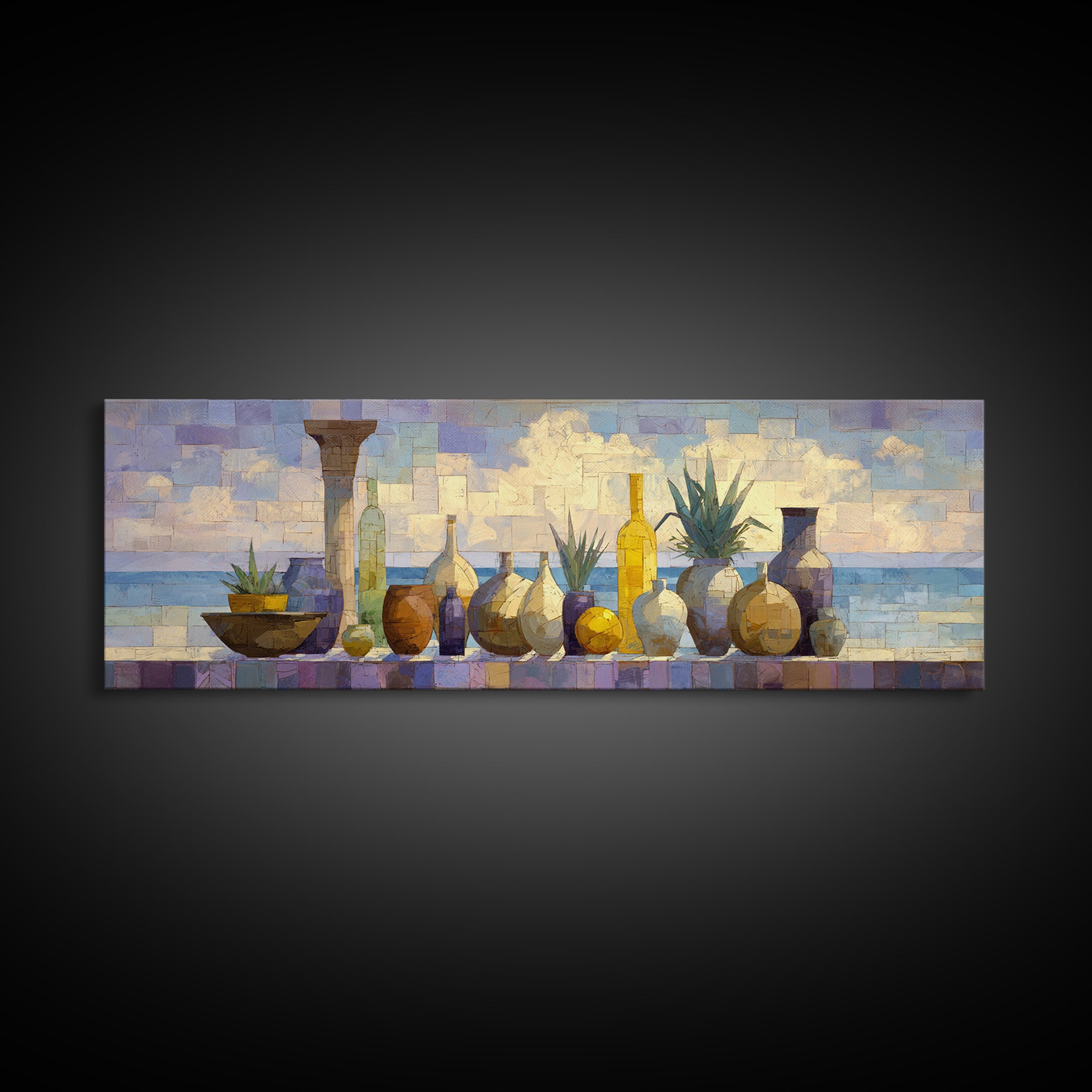 Ancient Column with Sea and Sky Beyond Framed Canvas Print, Mediterranean Art, Luxury Decor, Living Room Decor, Abstract Art, MAR-3x1-52