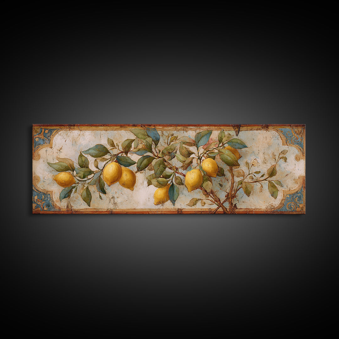 Sicilian Lemon Branch on Ivory Background Canvas Print, Mediterranean Art, Modern Wall Art, Living Room Decor, Azure, MAR-3x1-53