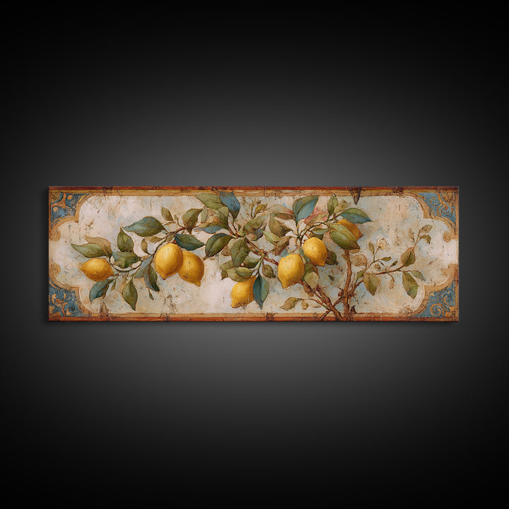 Sicilian Lemon Branch on Ivory Background Canvas Print, Mediterranean Art, Modern Wall Art, Living Room Decor, Azure, MAR-3x1-53