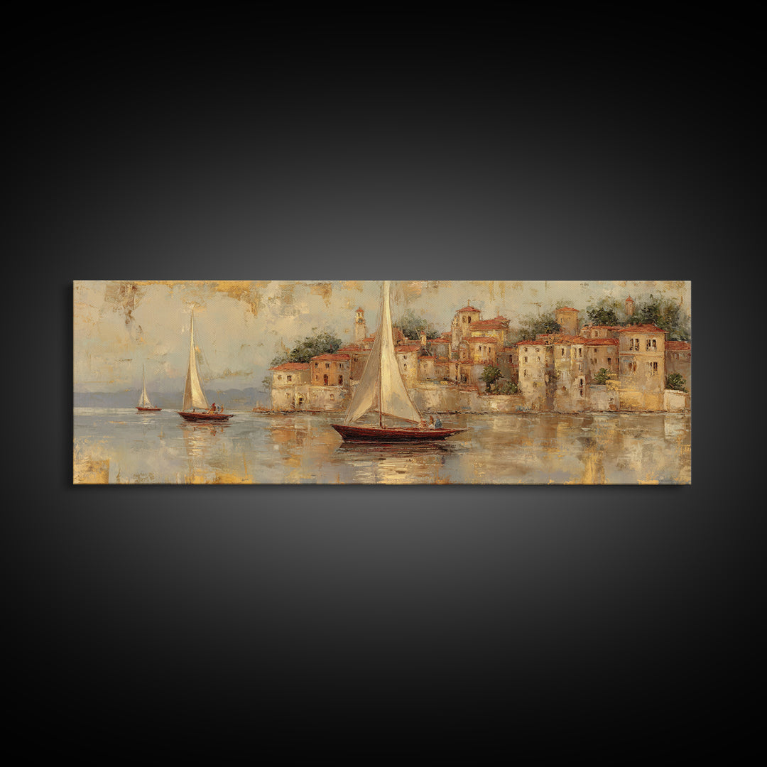 Mediterranean Sailboat on Glassy Water Framed Canvas Print, Mediterranean Art, Printable Art, Living Room Decor, Azure, MAR-3x1-58